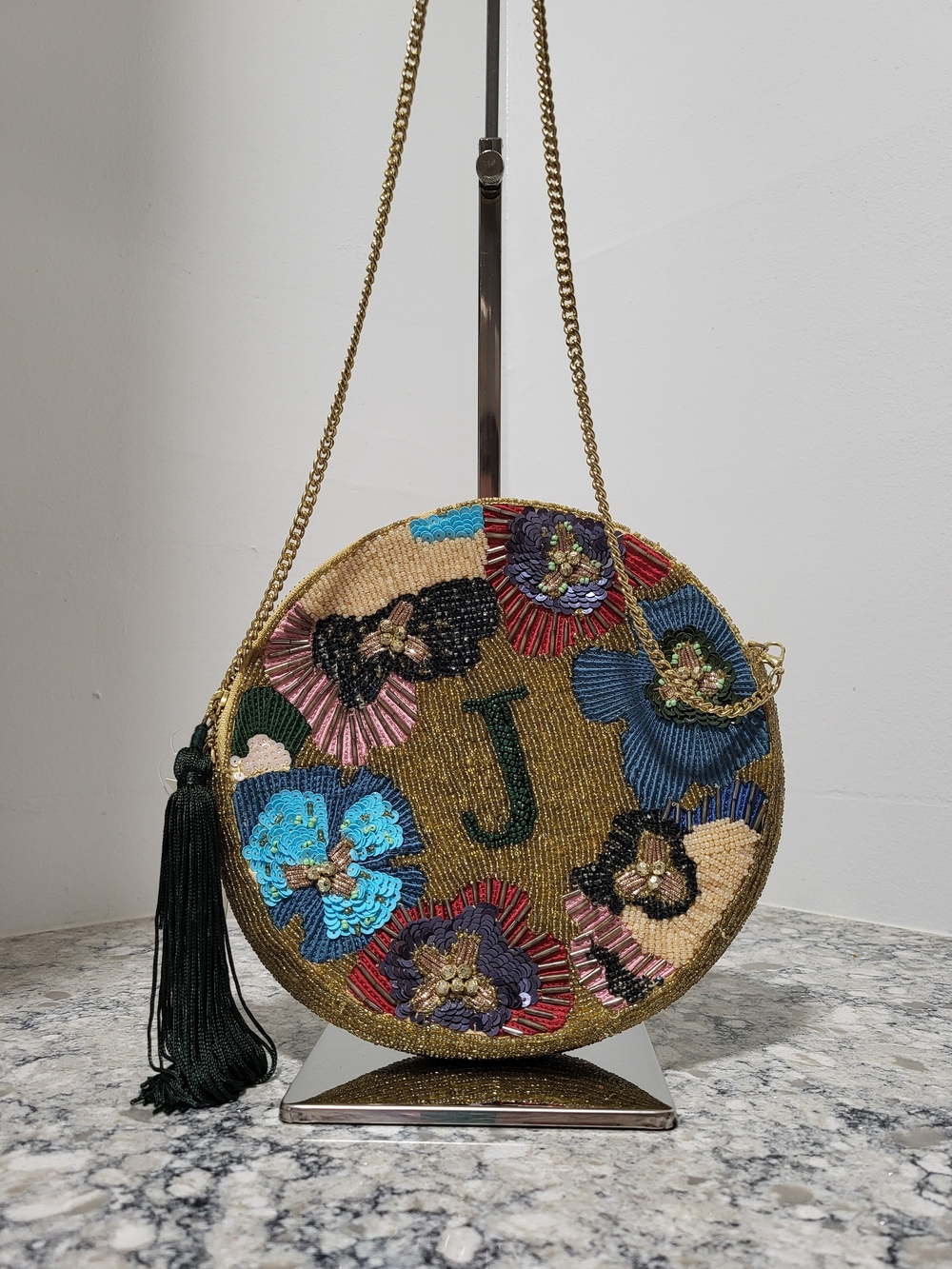 Anthropologie x Anna Harlow Russo Monogram Letter J Beaded Bag with Tassel NWT